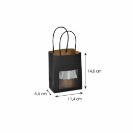 Petit sac kraft noir à poignées torsadées avec fenêtre 11,4 + 6,4 x 14,6 cm - par 25