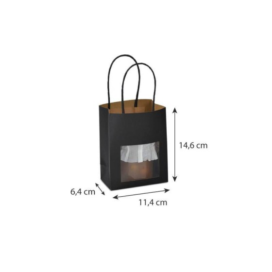 Petit sac kraft noir à poignées torsadées avec fenêtre 11,4 + 6,4 x 14,6 cm - par 25