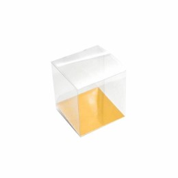 Étui cube en PVC transparent avec fond carton or 6,5 x 6,5 cm - par 25
