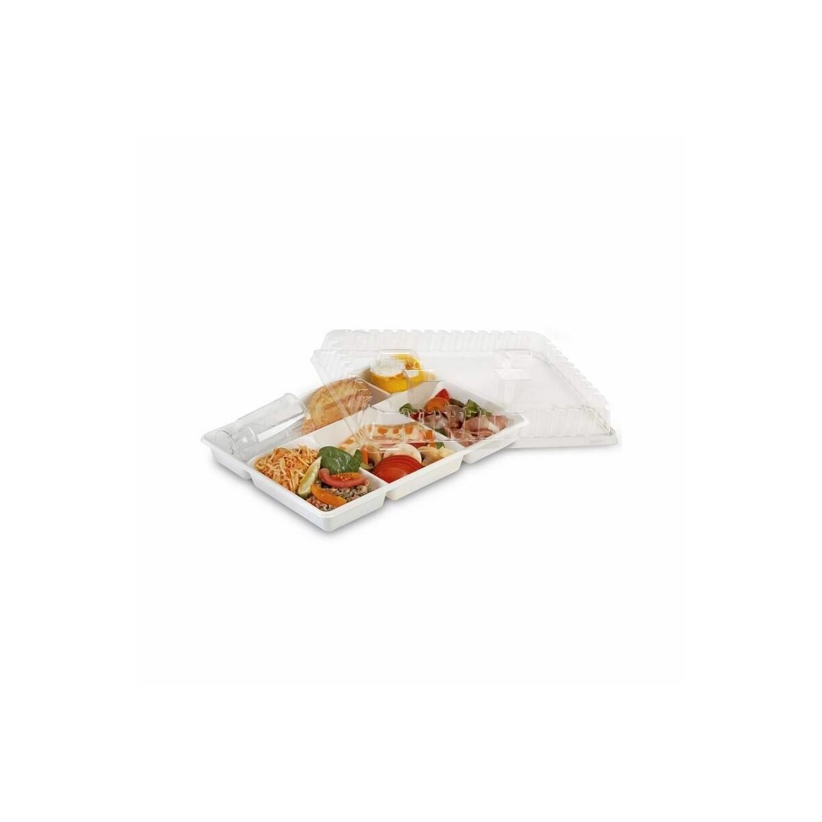 Lot De 20 Plateaux Repas 5 Compartiments Polystyrène Noir - Avec Raviers Blancs Amovibles Et Couvercle Cristal Anti-Buée