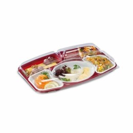 Plateau repas plastique 5 compartiments rouge avec couvercle 41,2 x 25,7 x 3 cm - par 15