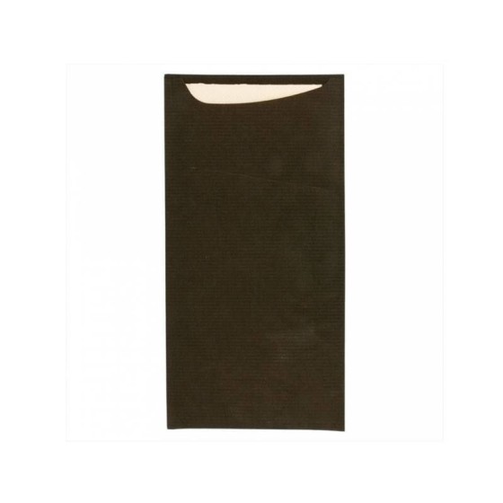 Étui à couverts kraft noir avec serviette blanche 22,5 x 11,5 cm - par 100