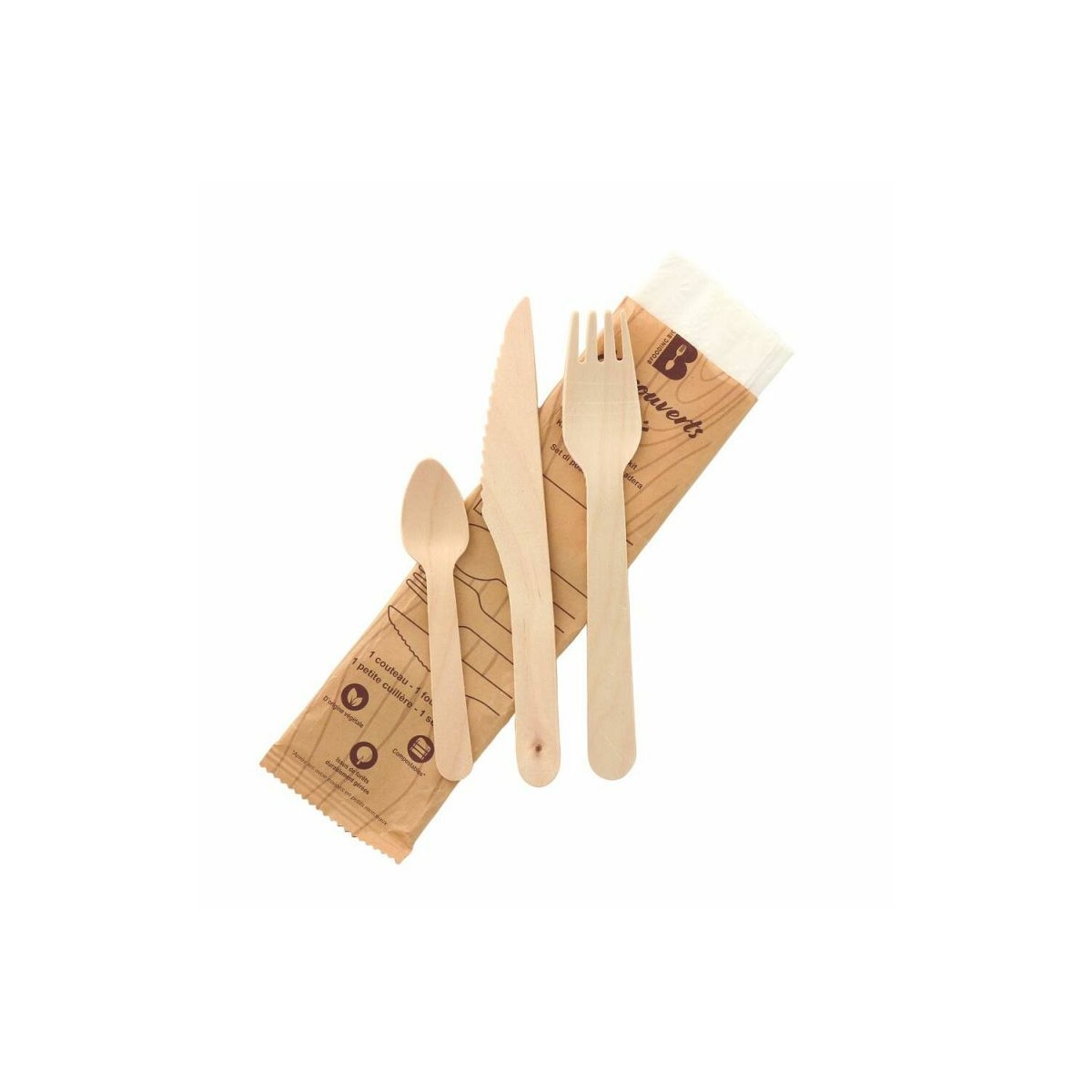 Kit couvert bois 4 en 1: couteau, fourchette, cuillère à dessert et  serviette blanche