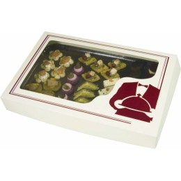 Boîte traiteur carton avec fenêtre ivoire et bordeaux 42 x 28 x 6 cm - par 25