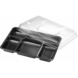 Couvercle plastique transparent pour plateau repas plastique noir 5 compartiments 32 x 25 x 3,3 cm - par 25