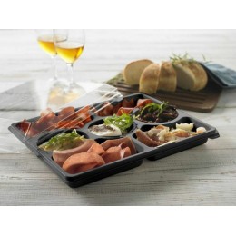 Plateau repas plastique 7 compartiments noir avec couvercle 32 x 25 x 6,9 cm - par 5
